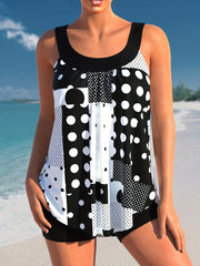 Polka Dot Tankini Set Round Neck Top & Shorts Swimsuit 2 Piece Set