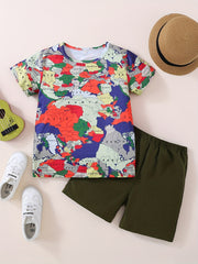 Boys Map Print Casual Outfit Round Neck T shirt & Shorts Set