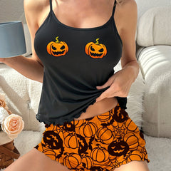 Pumpkin Print Halloween Pajama Set Women's Sleepwear
