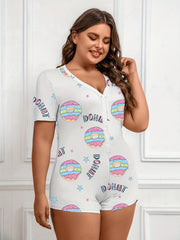 Donut & Letter Print Pajama Romper Short Sleeve V Neck Loungewear