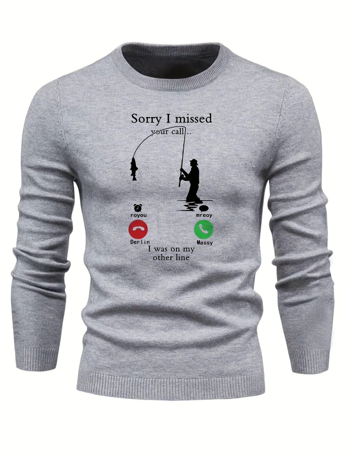 Fishing Pattern Novel Sweater Men's Casual Warm Stretch Crew Neck Pullover