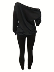 Cold Shoulder Long Sleeve Top & Slim Pants Set Women's Outfit