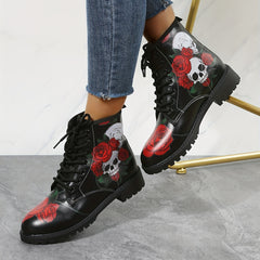 Women's Rose & Skull Print Short Boots Lace Up Ankle Boots
