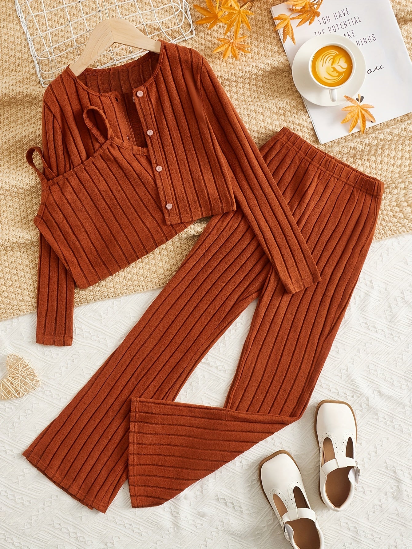Ribbed Lounge Set Long Sleeve Top & Crew Neck Cami & Pants Women's Loungewear
