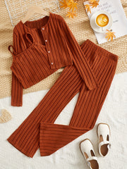 Ribbed Lounge Set Long Sleeve Top & Crew Neck Cami & Pants Women's Loungewear