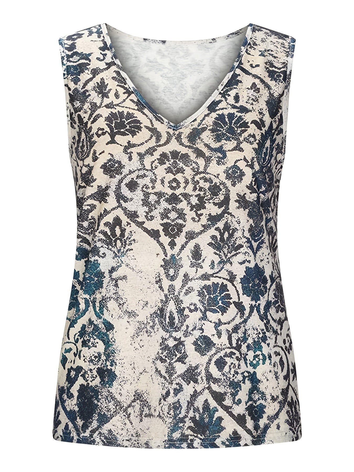 Casual Tank Top Women's Plus Random Print V Neck Slight Stretch