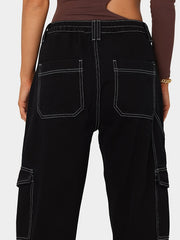 High Waist Flap Pockets Cargo Jeans Casual Loose Wide Legs Denim Pants