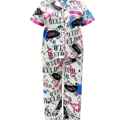 Women's Graffiti Print Satin Pajama Set