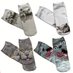 3D Cat Pattern Low Cut Socks - Set of 4 Pairs