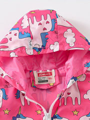 Girls Unicorn Print Hooded Jackets Zip Up Pockets Raincoats