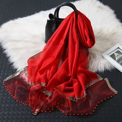 Beads Decor Thin Scarf Silk Women Shawl Mesh Stitching Warm Wrap