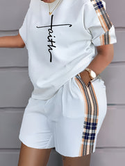 Letter & Plaid Print Top & Shorts 2 Piece Set