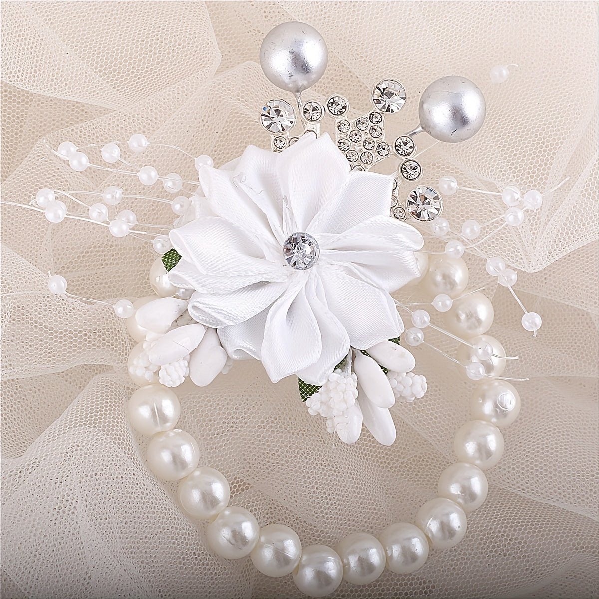 Faux Pearl Beaded Wristband Rhinestone Jewelry Bridal Flower