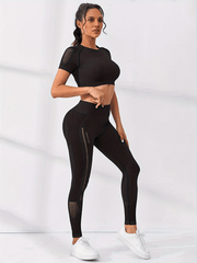 Yoga Sports Set Short Sleeve Crop Top & High Waist Leggings Women's Activewear