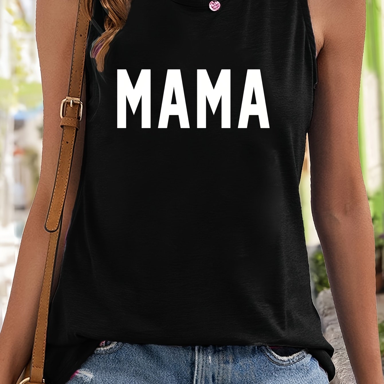 Mama Letter Print Sleeveless Sports Vest Round Neck Casual Tops