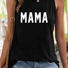 Mama Letter Print Sleeveless Sports Vest Round Neck Casual Tops