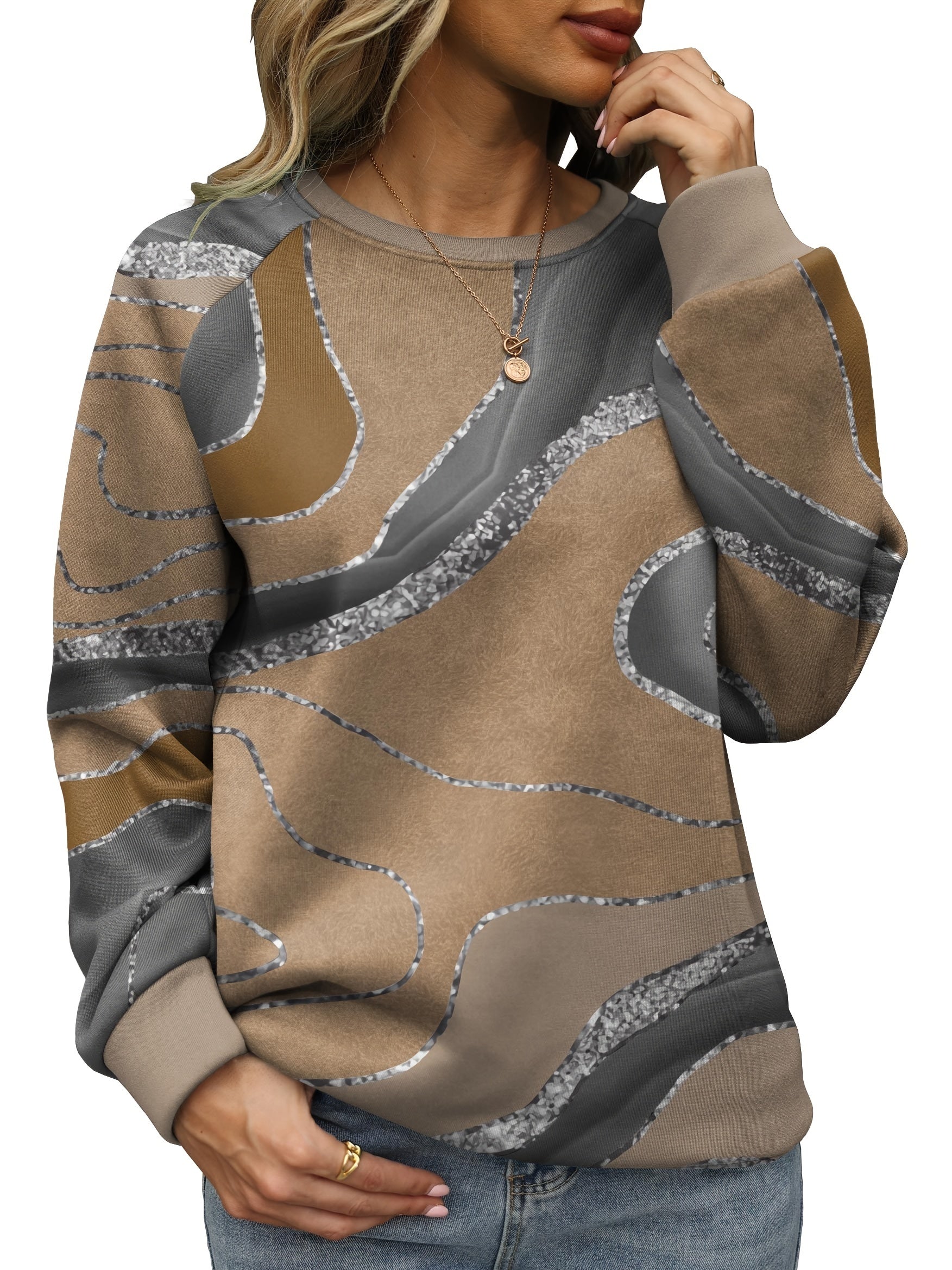 Geometric Print Crew Neck Sweatshirt for Women