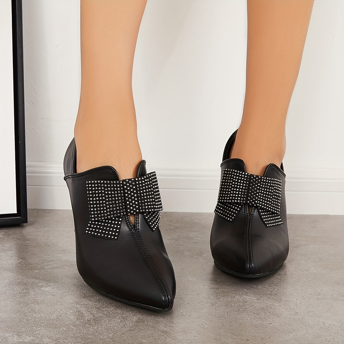 Rhinestone Bow High Heels Pointed Toe Slip On Dress Shoes