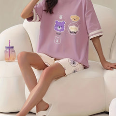 Animal Print Pajamas Set Short Sleeve Crew Neck Top & Shorts Pj Set
