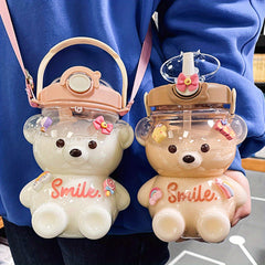 Big Belly Bear Water Bottle with Shoulder Strap and Straw 1000ml