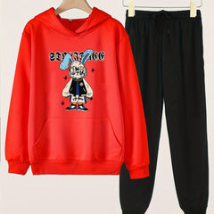 2pcs Bunny Print Hooded Outfit For Girls Hoodie & Pants Set