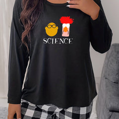 Cartoon Doll & Letter Print Long Sleeve Round Neck Tee