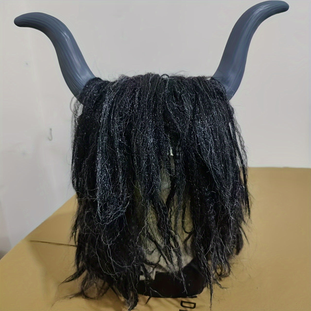 Goat Skull Mask with Long Hair and Horns Adult Halloween Costume Accessory