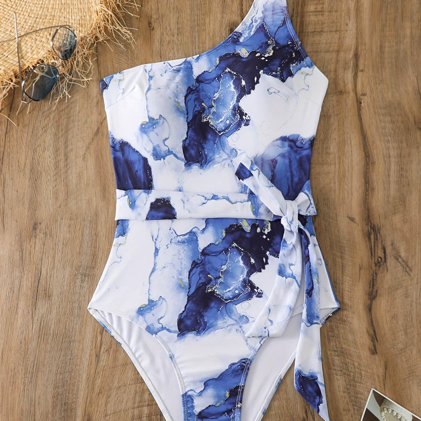 Marble Print One Shoulder Tie Front One Piece Bathing Suit
