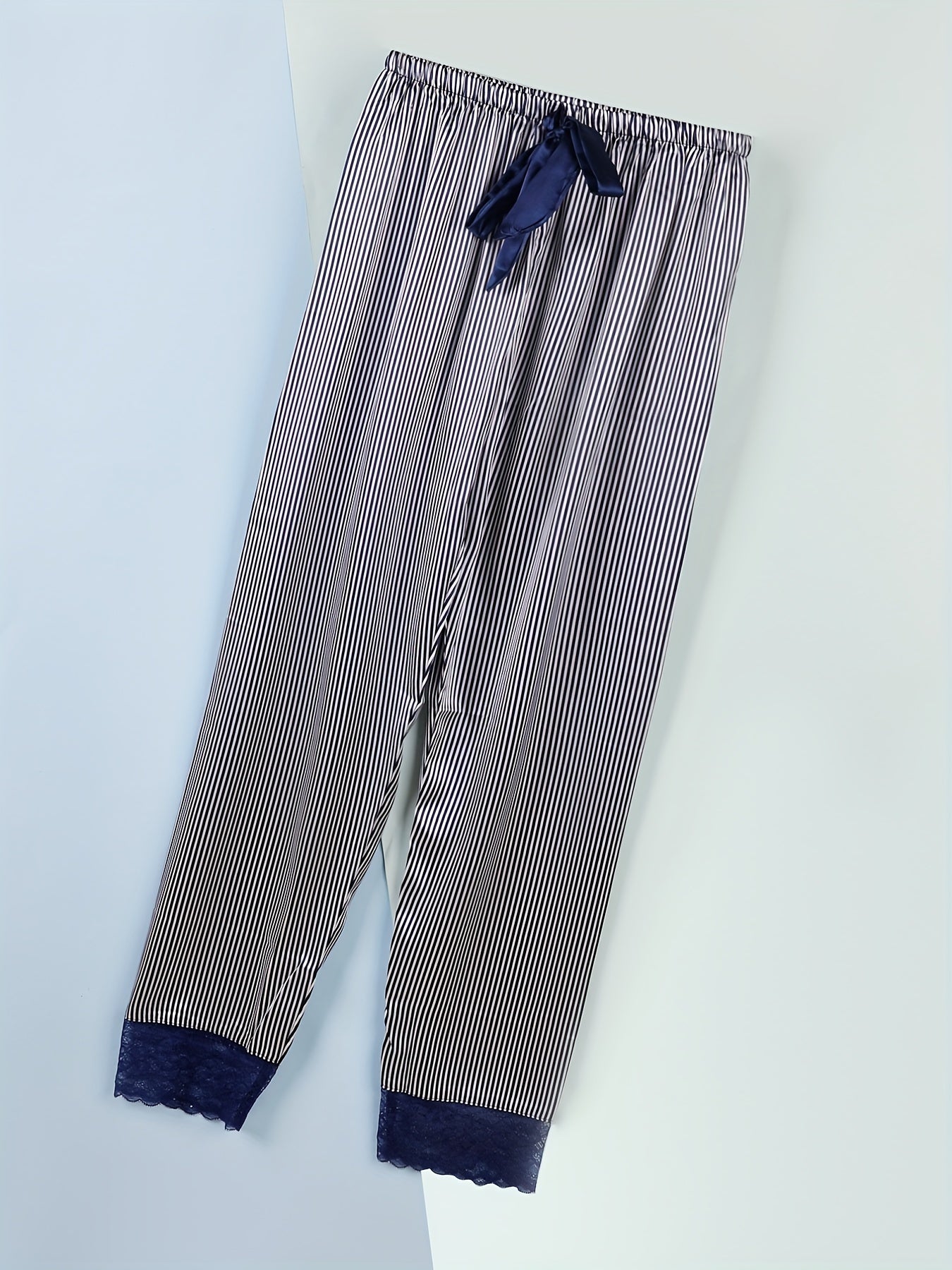 Striped Lace Trim Sleep Bottoms Casual & Comfy Bow Decor Sleep Pants