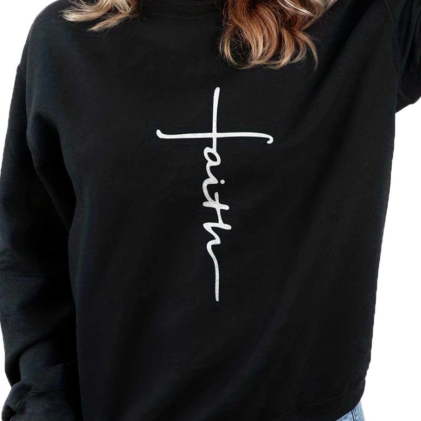 Faith Print Pullover Sweatshirt Long Sleeve Crew Neck Sweatshirt