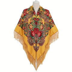 Boho Flower Print Tassel Shawl Cape Solid Cardigan Vintage Large Blanket Scarf
