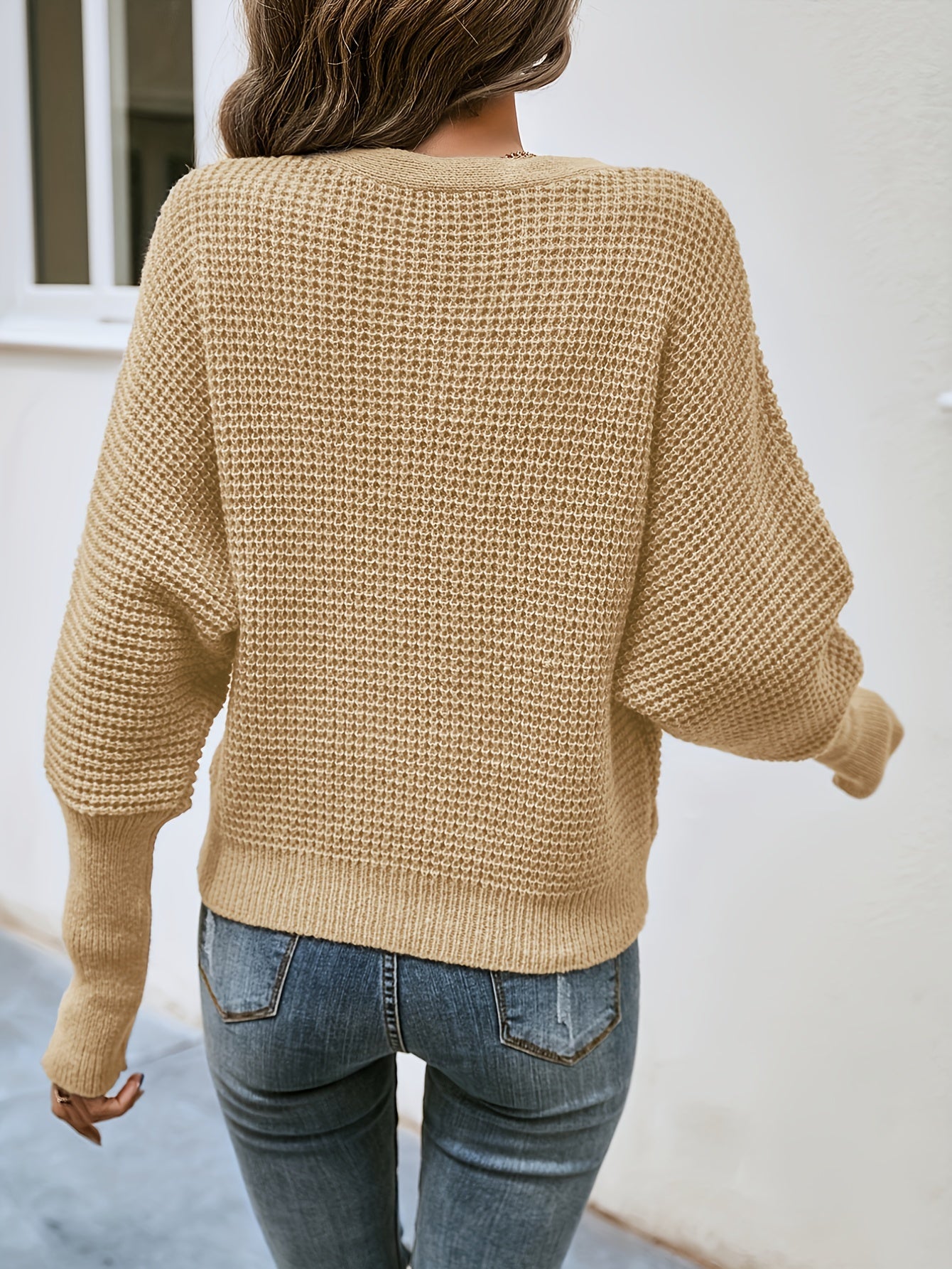 Solid Bat Sleeve Surplice Neck Jumper