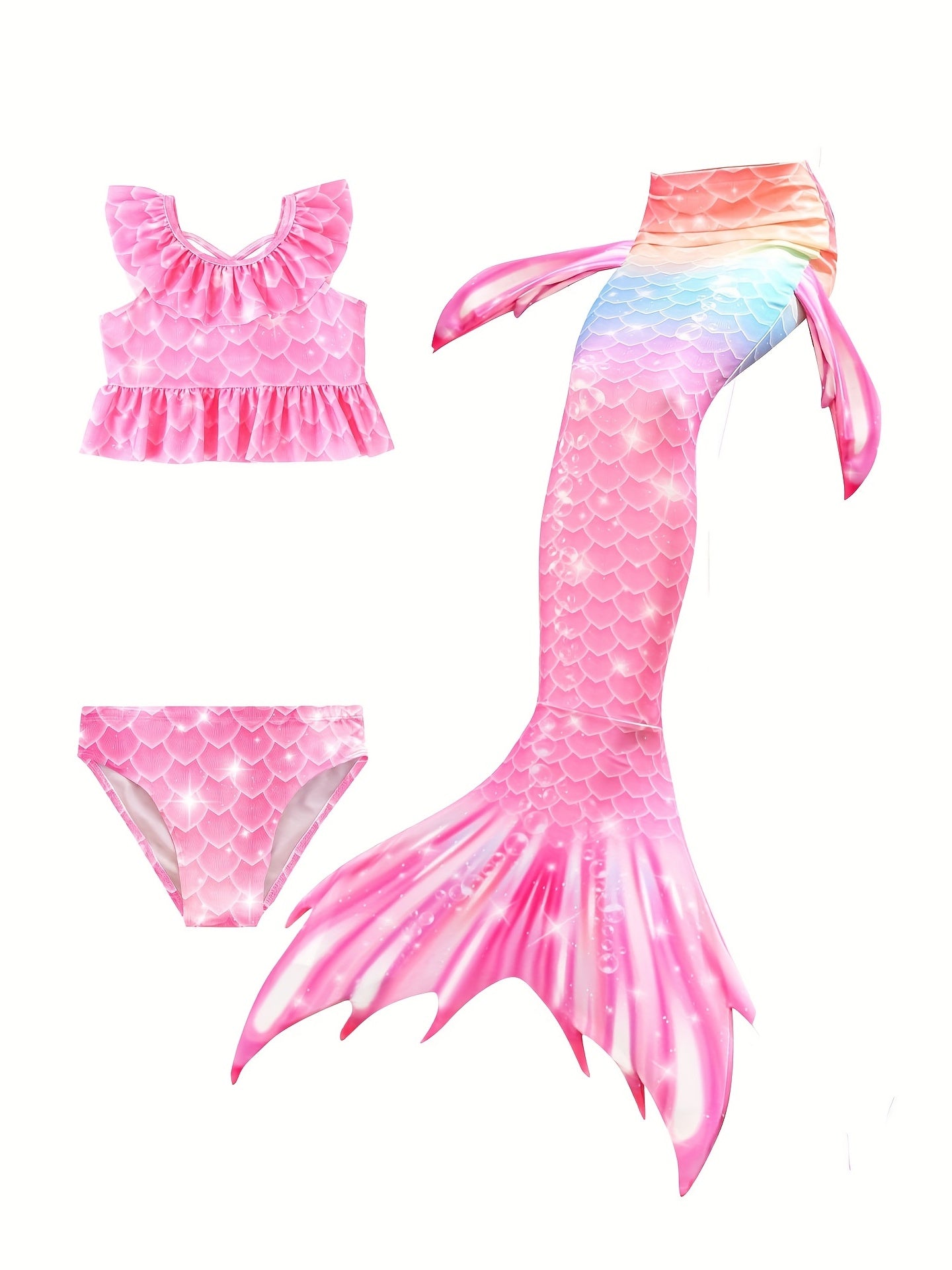 Girl's Mermaid Swimsuit 3pc Ruffled Bikini Set & Mermaid Tail