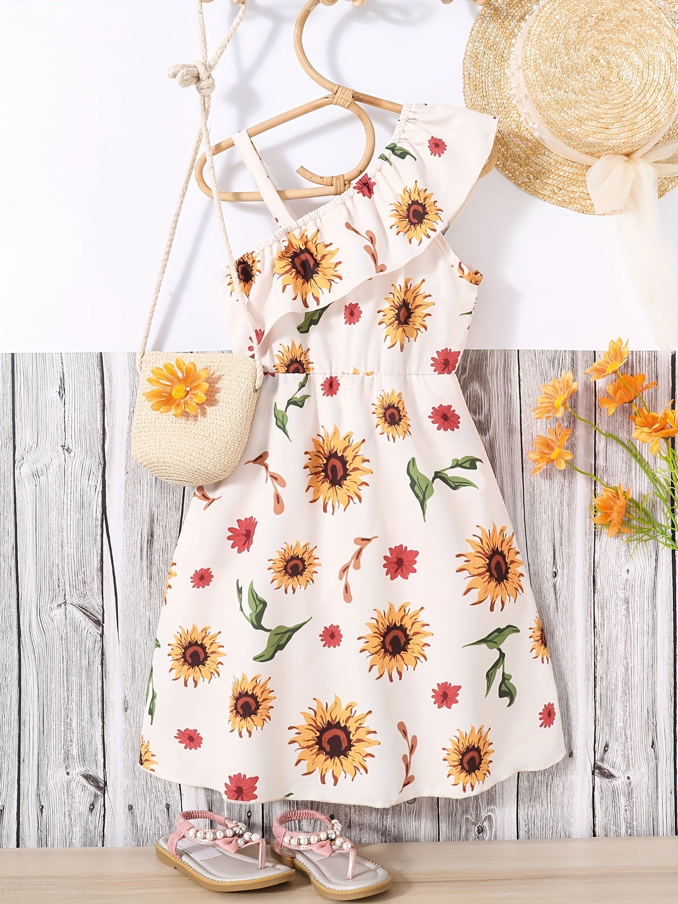 Girls Sunflower Print Jumpsuit Off Shoulder Ruffle High Low Romper Summer