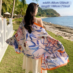 Orange Tassel Scarf Flower Print Shawl Outdoor Sunscreen Head Wrap