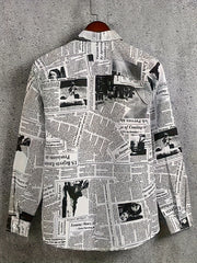 Newspaper Print Button Up Long Sleeve Blouse