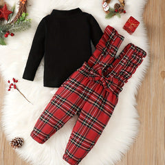 Baby Girls Knitted Top & Bow Ruffle Plaid Suspender Trousers Set