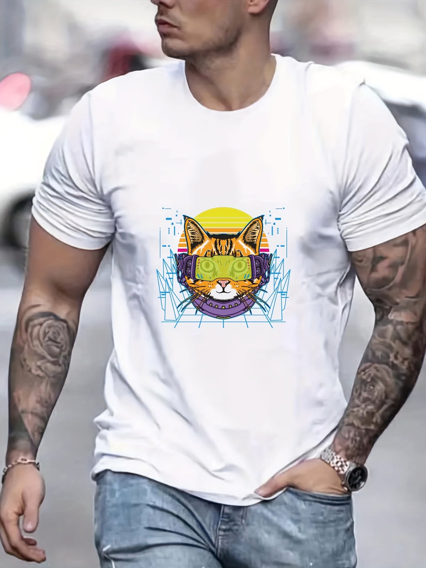 Cyberpunk Cat Print Men's Graphic T-shirt Casual Comfy Tees for Summer