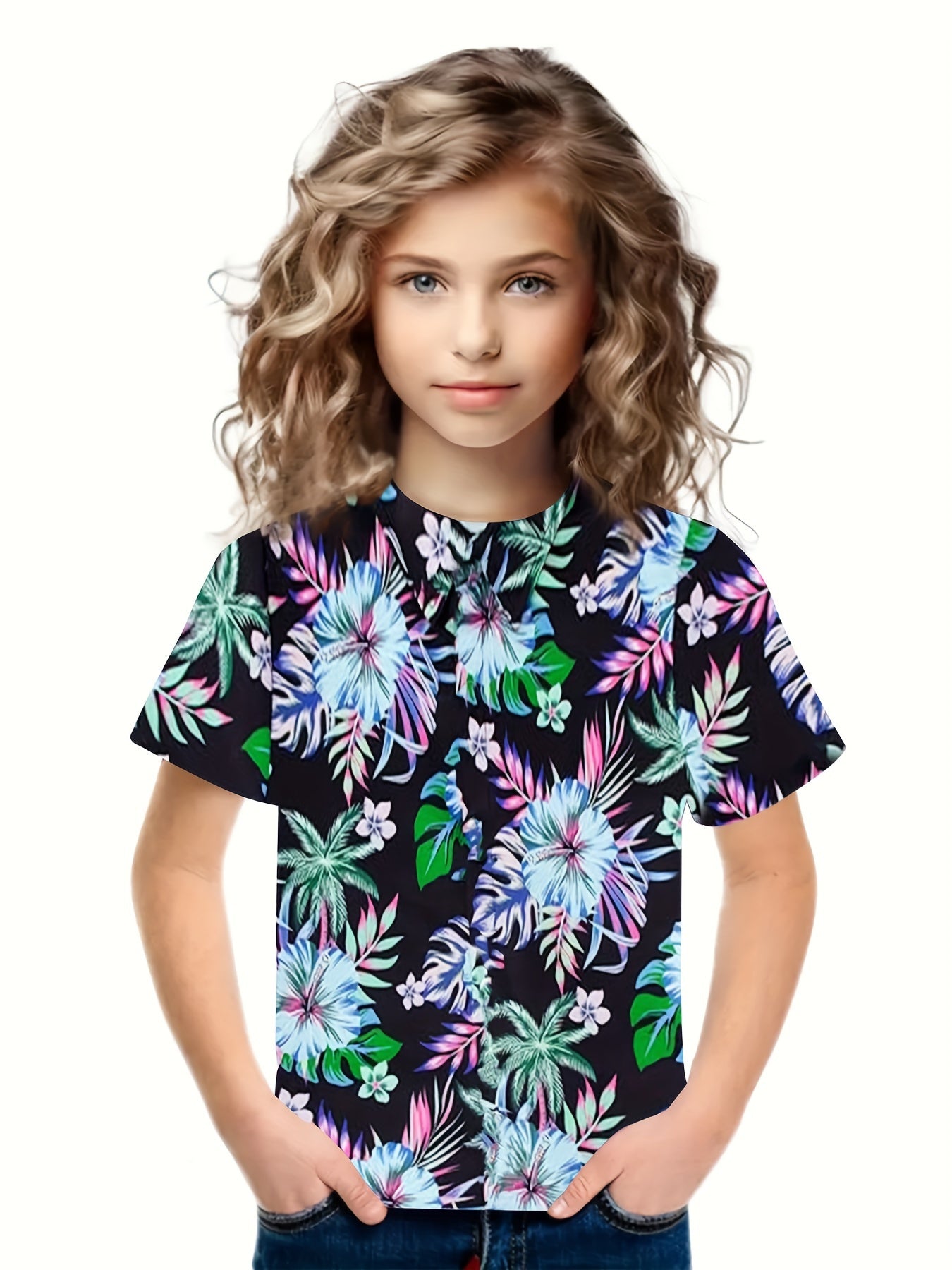 3D Flower Graphic Short Sleeve T-Shirt for Girls and Boys