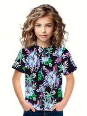 3D Flower Graphic Short Sleeve T-Shirt for Girls and Boys
