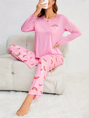 Rainbow Print Pajama Set Long Sleeve Crew Neck Top & Elastic Waistband Pants