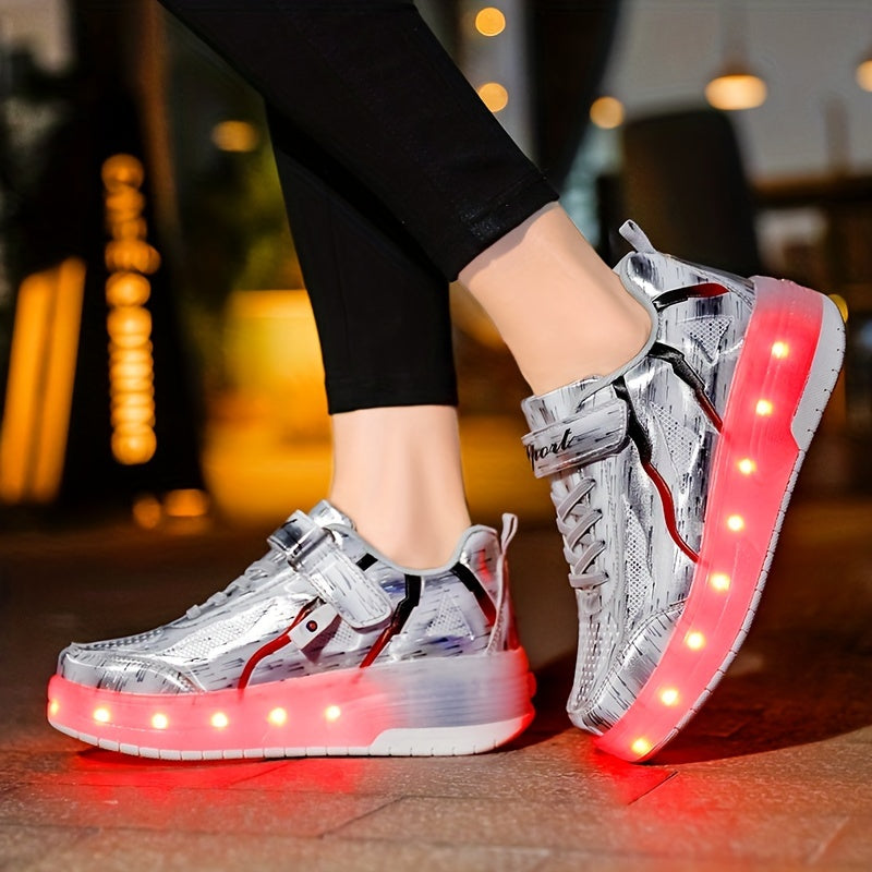Boy's LED Light Up Roller Shoes Hook Loop Velcro Wheel Skate Sneakers Kids