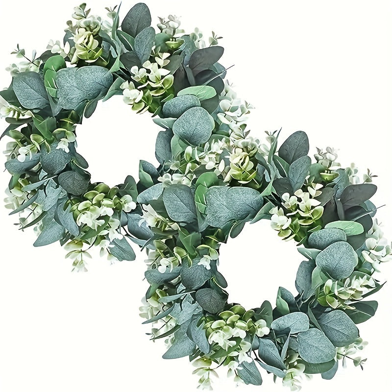 2pcs Artif. Eucalyptus Wreath Fabric Leaf Wreath Green Circular For Wall Decor