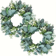 2pcs Artif. Eucalyptus Wreath Fabric Leaf Wreath Green Circular For Wall Decor