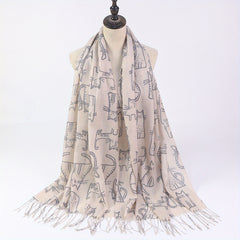 Cartoon Cat Print Tassel Scarf Solid Shawl Casual Windproof Head Wrap Women