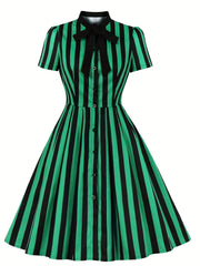 Stripe Print Button Up Short Sleeve Dress