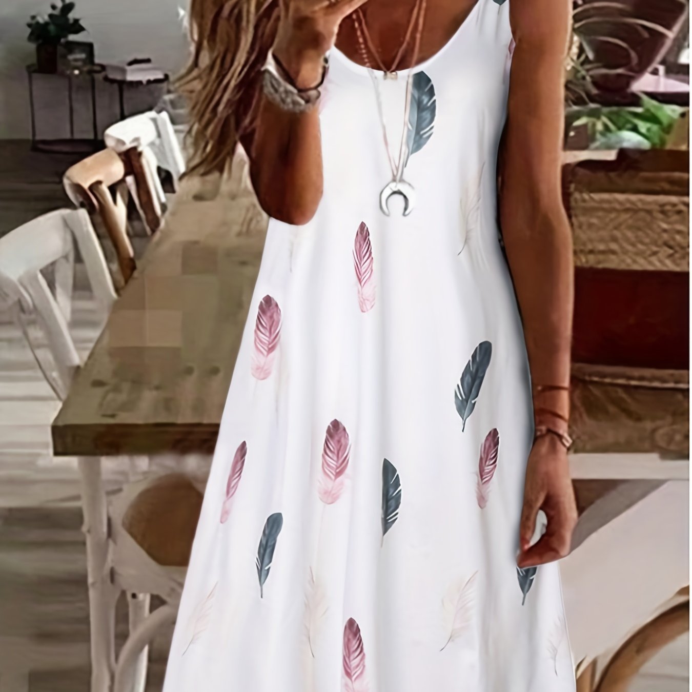 Feather Print Cami Dress Sexy Sleeveless Summer Midi Dress Women's Clothing
