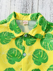 Boys Leaves Print Short Sleeves Shirt for Vacation Beach