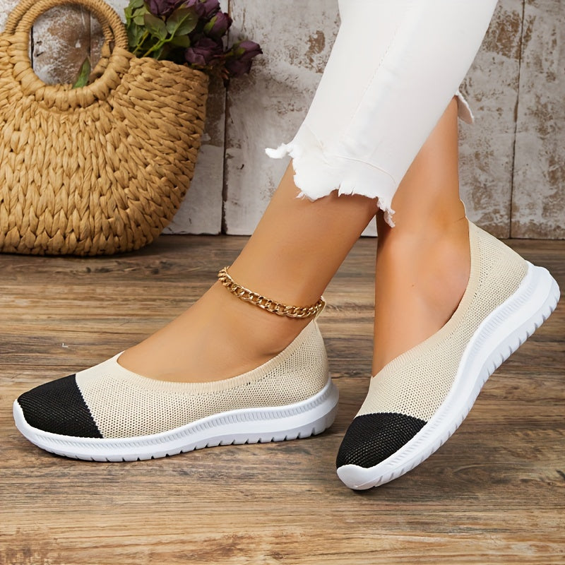 Women's Colorblock Knit Flats Soft Sole Slip On Shoes