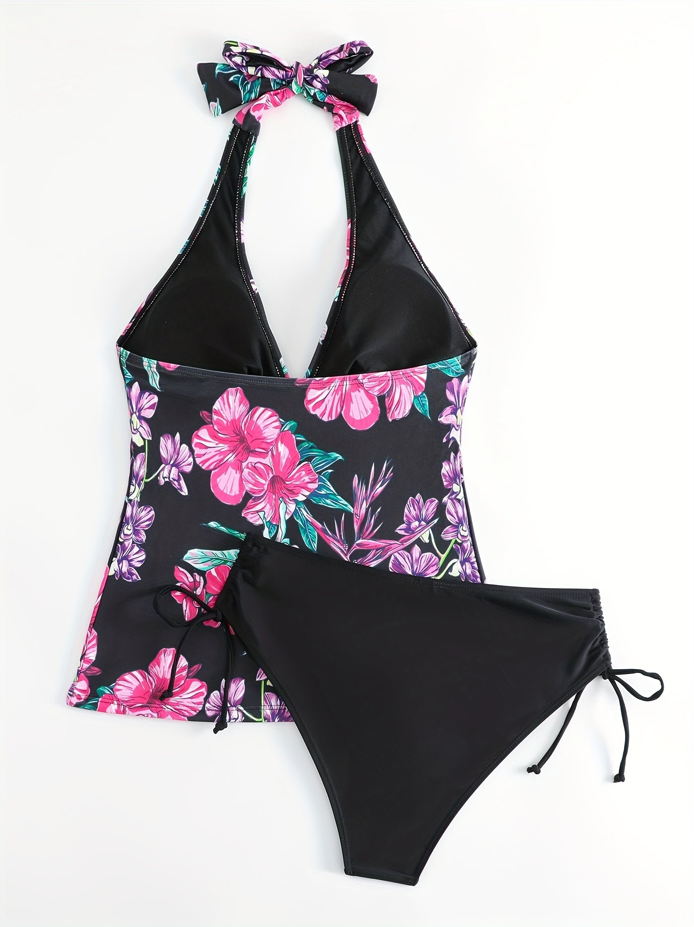 Floral Drawstring Tankini Set Halter V Neck Swimsuit